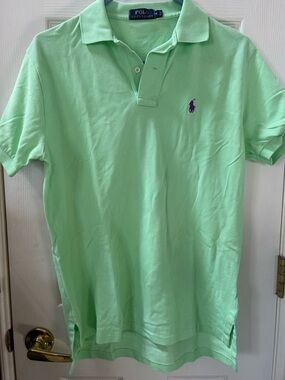 Ralph Lauren Mint Green Polo with Purple RL logo.